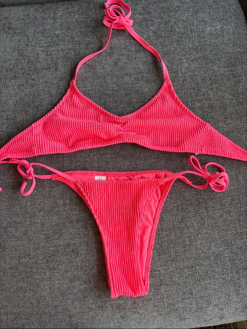 aerie Neon Pink Ribbed Tie-Side Bikini Set